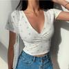 Women Navy Blue Floral Print Short Sleeve Crop Top With V Neck And Wrap Front Casual Summer Blouse