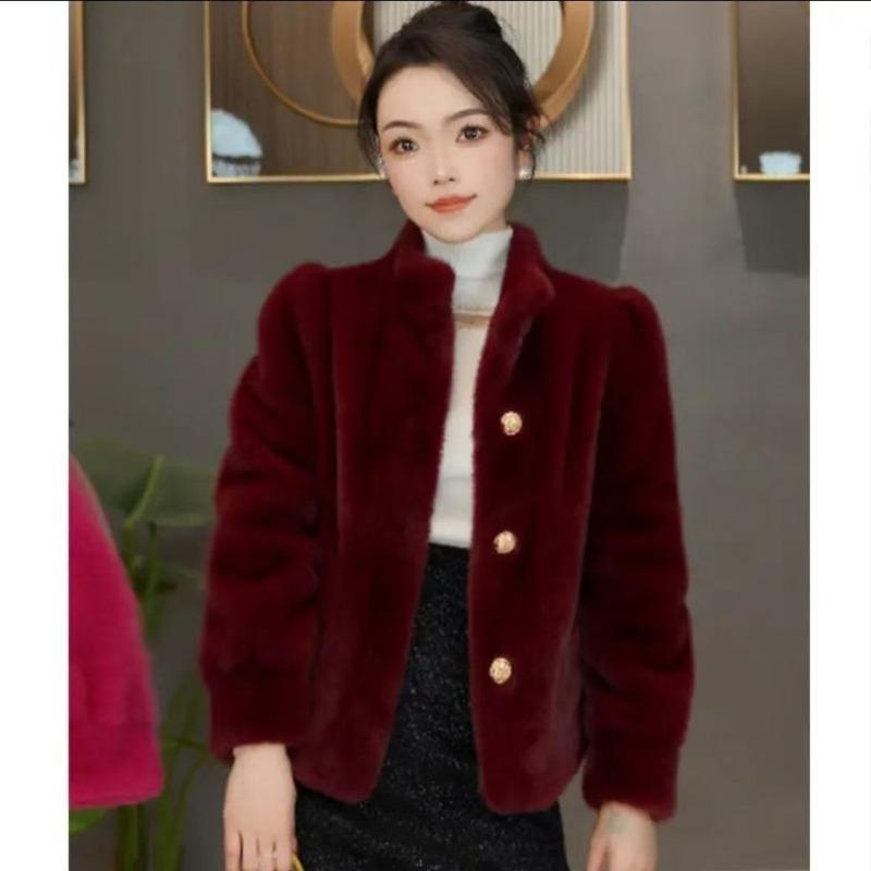 Cappotto Corto di Visone Caldo Spesso Manica Lunga Collo Alto Versatile Capispalla Autunno Inverno