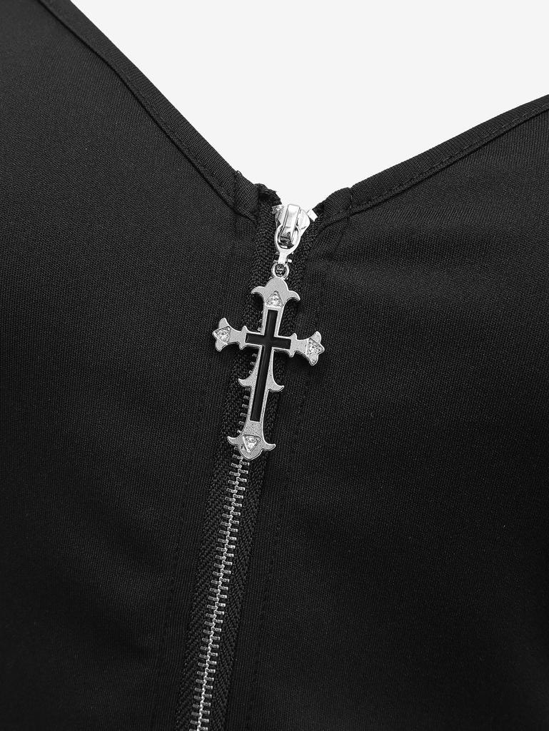 Rosegal Gótico Plus Size Painel de Rede Zíper Cruzado Alças de PU com Tiras Top Regata Fivela com Ilhós