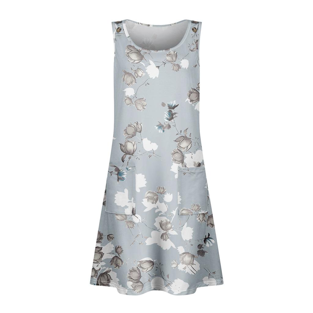 Summer Dresses For Women Beach Boho Sleeveless Printing Flowy Pocket Tshirt Tank Sundresses