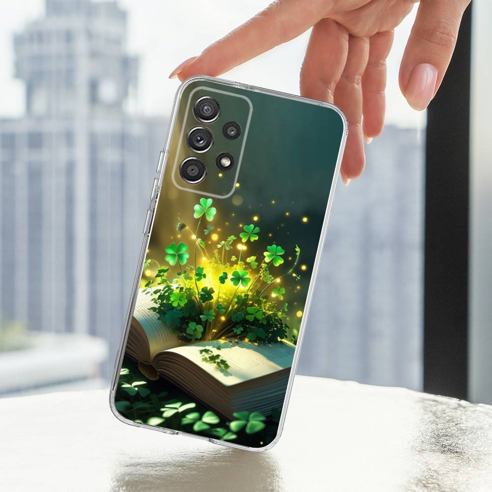 Lucky Art Four Leaf Clover Phone Case For Samsung A30,71,51,S9,10,20,Ultra,FE,Lite,S25,24,22,23,21,PIus,Transparent, Silicone