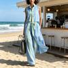 Women's 2 Piece Sets Color Block Sleeveless Button Down Shirts Matching Long Pants with Pockets Summer Casual Vacation Outfits
