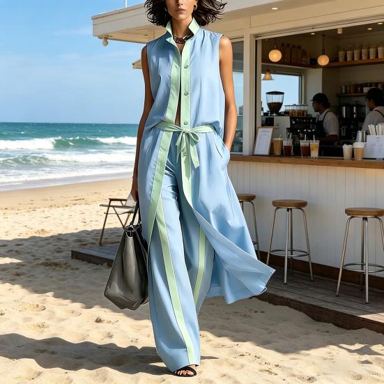 Women's 2 Piece Sets Color Block Sleeveless Button Down Shirts Matching Long Pants with Pockets Summer Casual Vacation Outfits