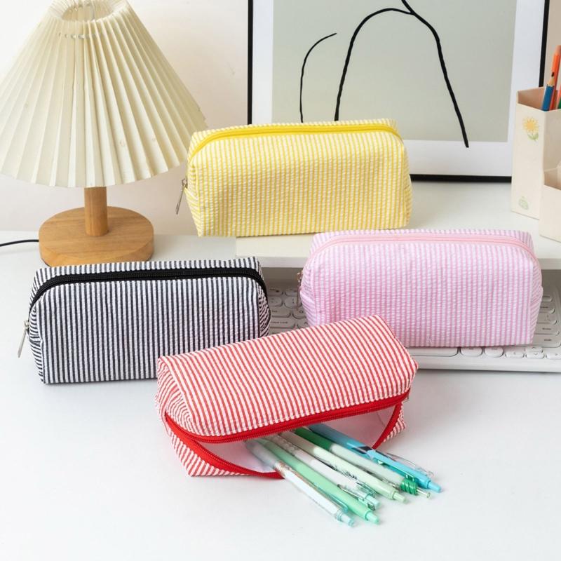 Multiunction Striped Pencil Case Water Resistant Polyester Pen Pouches Travel Cosmetics Bag For School Office Supplies