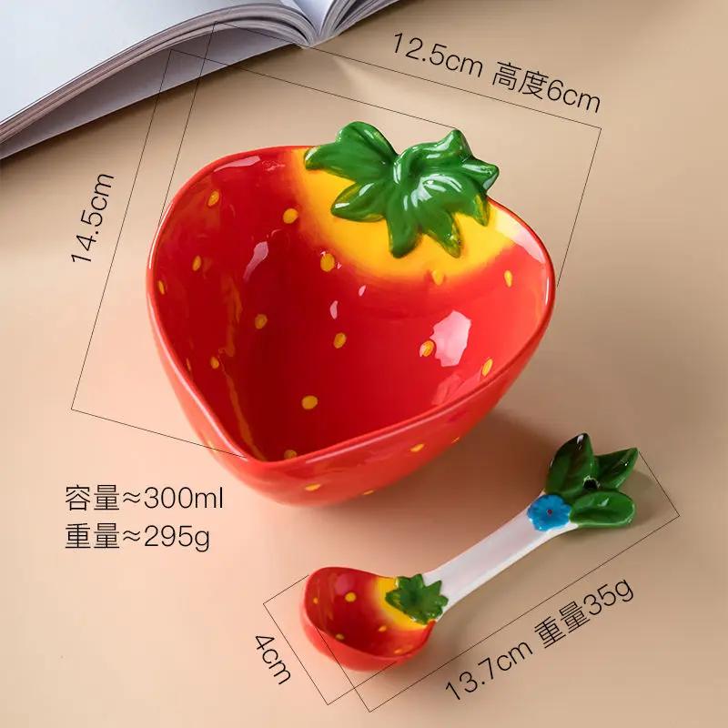 Ceramic Fruit Salad Bowl with Spoon Cartoon Vegetable Tableware Eating Rice Bowl Serving Strawberry Bowl Noodle Bowls 300ml