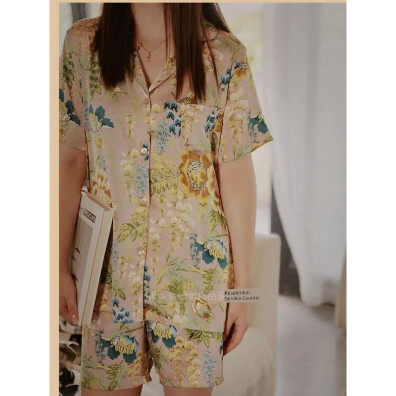 British Light Luxury ~ World Paradise Silk Satin Pajamas Women's Suit Short Sleeve Shorts Ice Silk Thin Homewear
