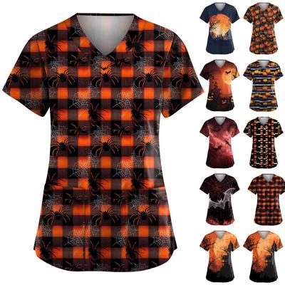 Moda Femenina Monos de Manga Corta con Cuello en V con Bolsillos Tops Estampados de Halloween Ropa