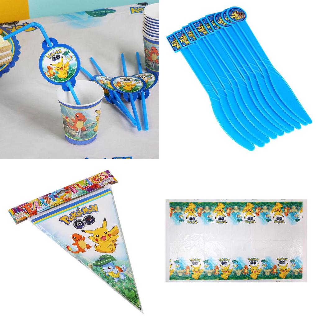 Pokmon Pikachu Complete Party Set With Paper Banners Plates Hats For Kids Birthday Decorations