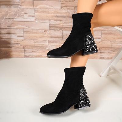 Cow Suede Ankle Modern Boots Winter Square Heel 2025 Hot Sale Shoes Female Slip-on Round Toe High Heel Bling Sexy Women's Boots