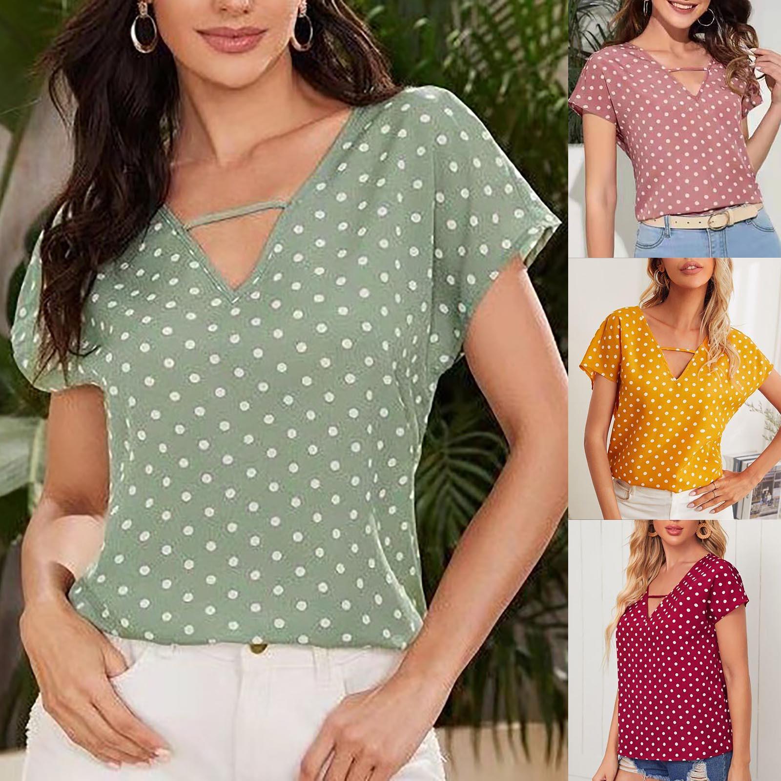 

Womens Summer Short Sleeve Striped V-Neck Flowy Beach T-Shirt Casual Tops Blouse