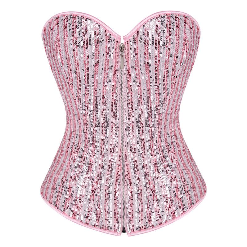 Women European Style Zipper Sequined Boned Waist Cincher Shaping Corset Top