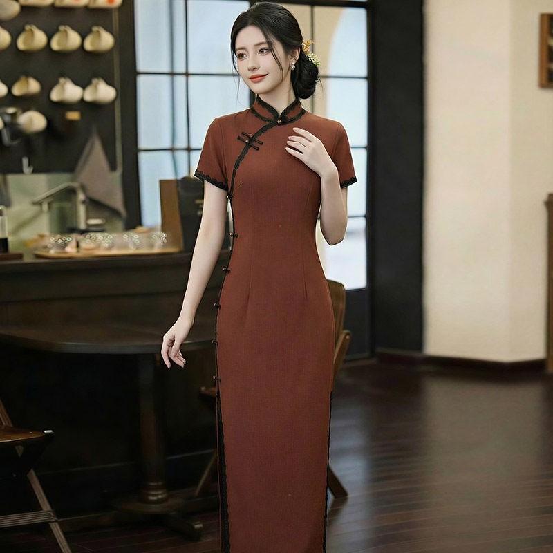 Long Vintage-Inspired Cheongsam Dress Women 2026 Modernized Daily Wear With Stand Collar Three-Quarter Sleeve