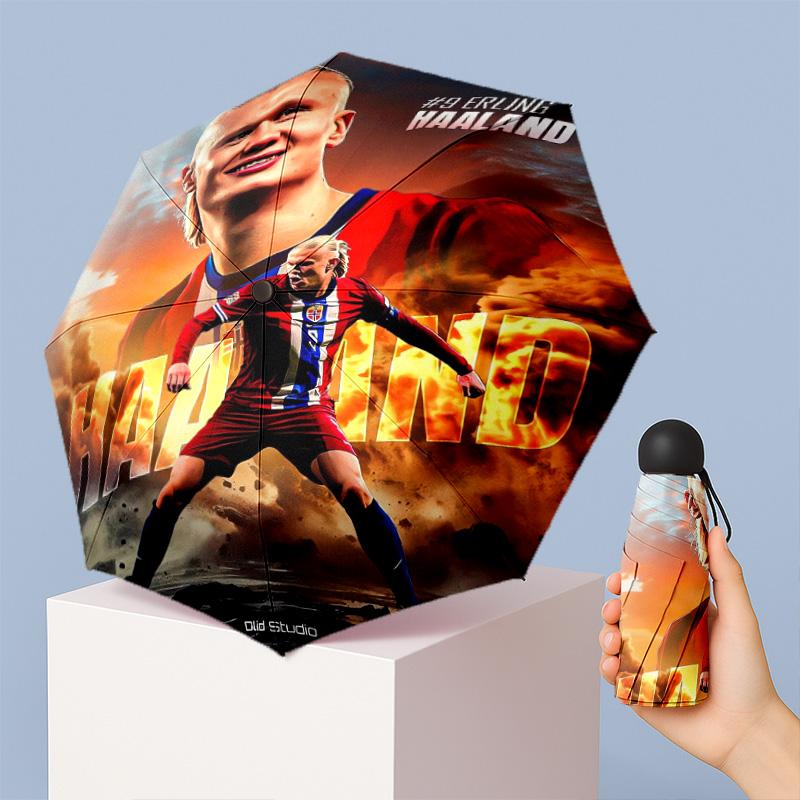 Erling Haaland Pattern Printed Mini 5 Folds 8 Ribs Compact Umbrella Windproof Waterproof Lightweight Portable Folding