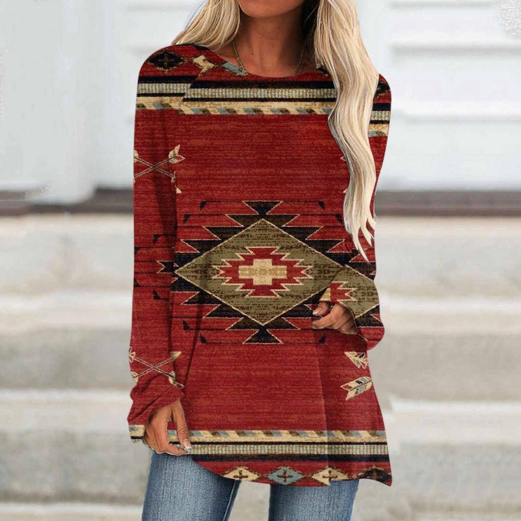 Ethnic tribe geometric print autumn casual comfortable women's long sleeve T-shirt Urban street trend fashion women long sleeve