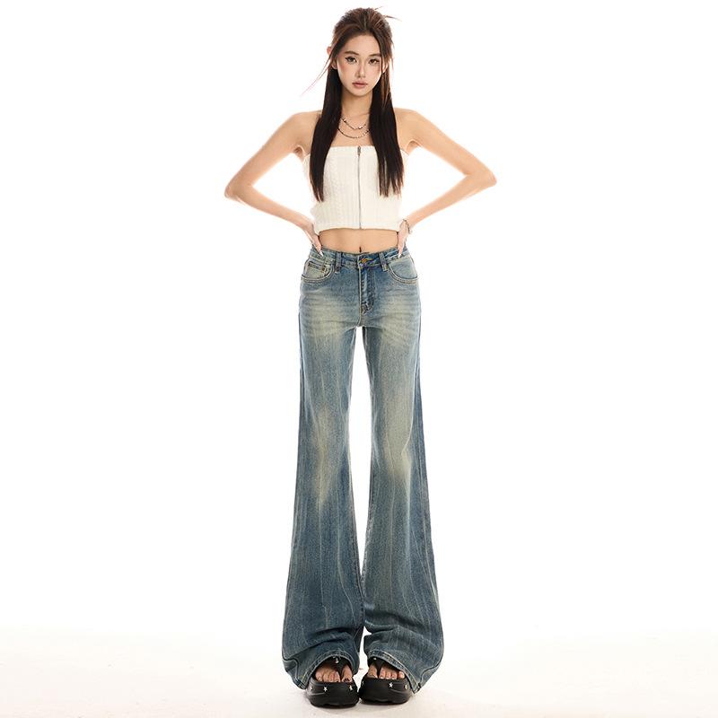 Washed textured Spice Girl retro stretch pants Washed retro long-legged slightly pulled pants slim-fitting jeans