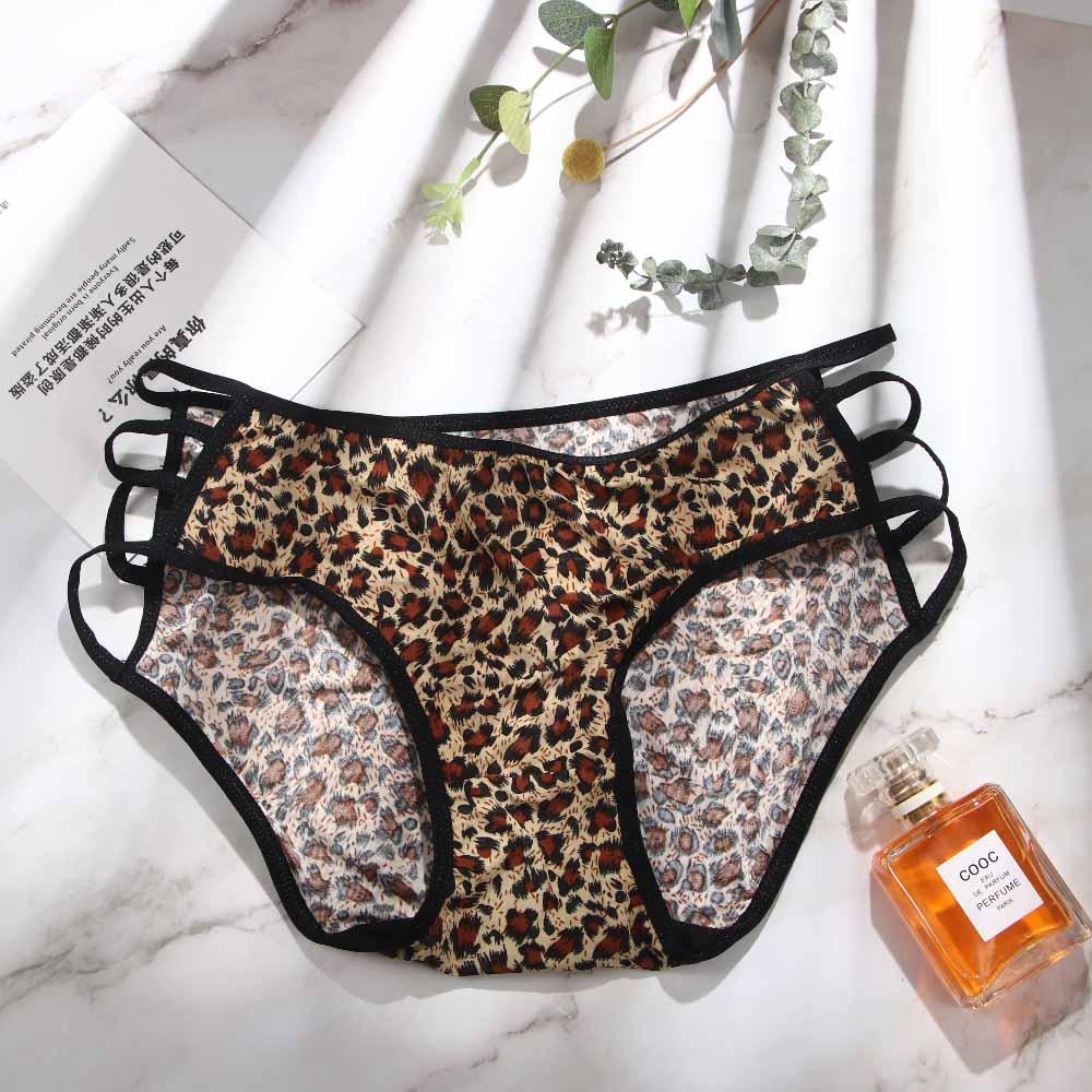 Women Leopard Bownot Transparent Briefs Underwear Lace Thongs Leopard Panties