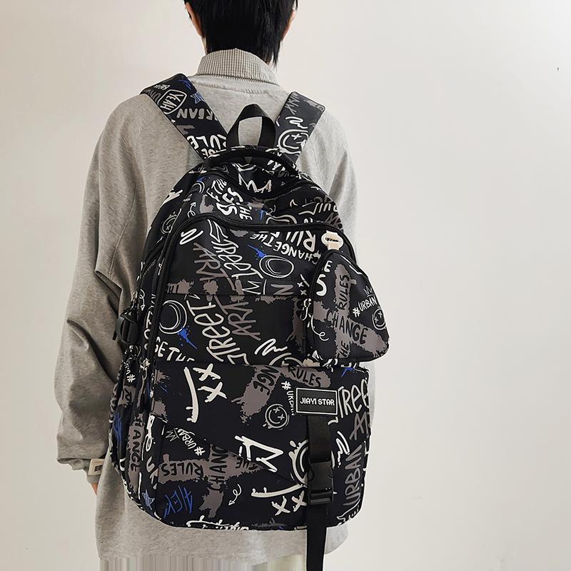 Graffiti-Print Herren Rucksack mit großem Fassungsvermögen Damen Leichter Schulrucksack aus Nylon für Studenten mit Münzbörse
