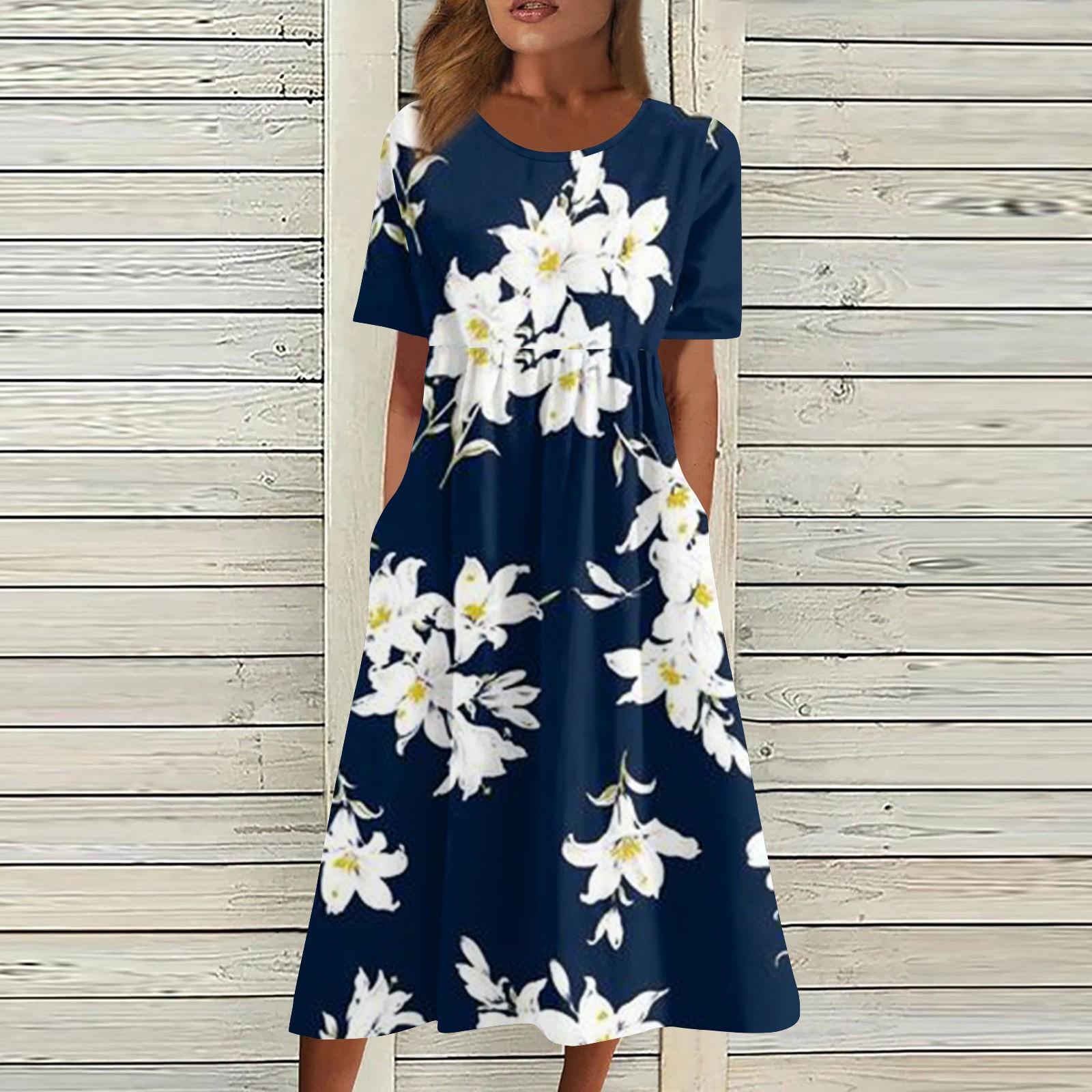 

Женские повседневные платья Платья с принтом Летние платья Плиссированные свободные платья с круглым вырезом и принтом белый