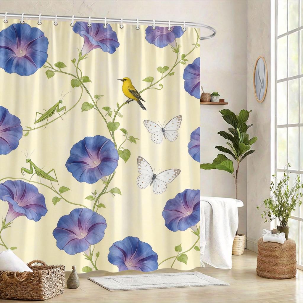 Vintage Botanical Shower Curtain 180x180cm – Blue Branches with Birds, Timeless Floral Bathroom Decor Gift, 12 Hooks
