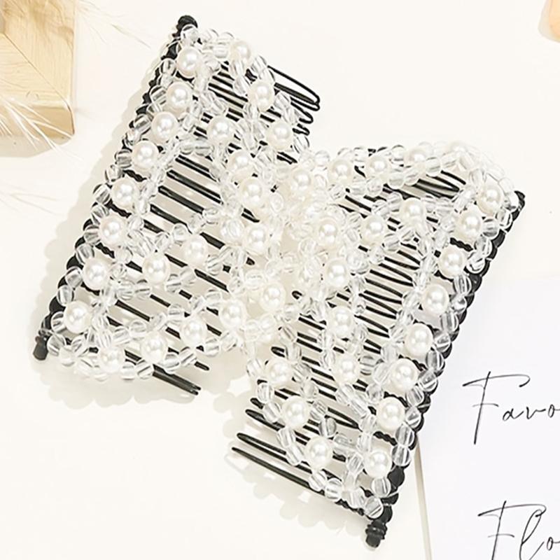 Women DIY Hair Accessories Pearl Beaded Elastic Hair Claw Hairpin Magic Comb Up-Do Hairstyle Bun Maker Tool Ponytail Hairdo Wolf