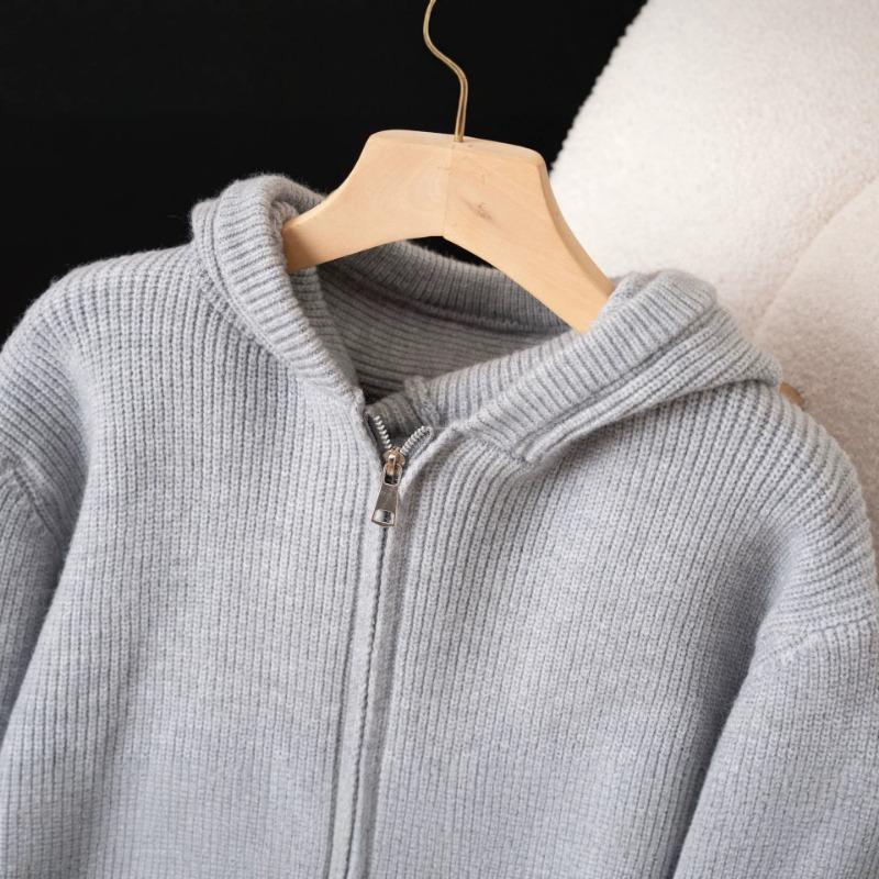 Women Waffle Textured Short Hooded Knit Double Zipper Cardigan Sweater Outerwear