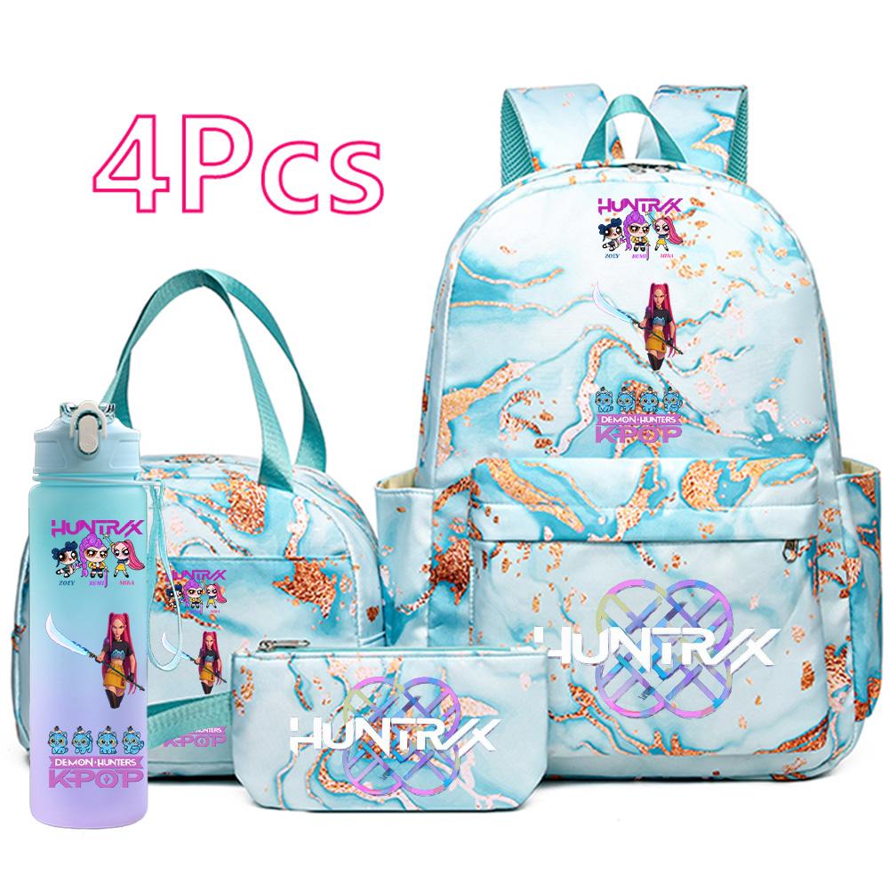 4 Pezzi/set Zaino Stampato Cacciatori di Demoni Cartoni Animati Borsa Astuccio con Borraccia da 750 ml per Ragazzo Ragazza Adolescente Zaini Scolastici di Grande Capacità