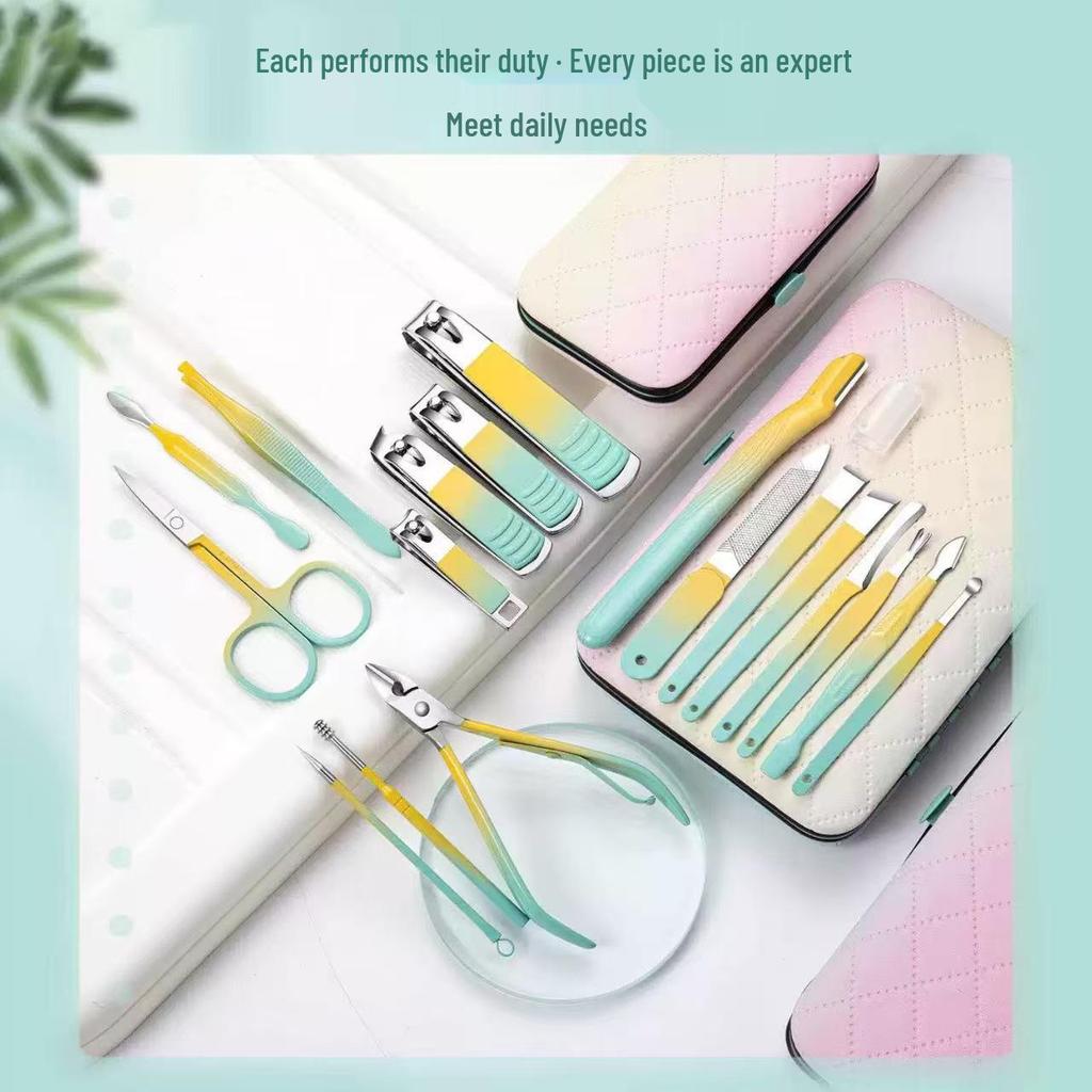 Gradient Color 18-Piece Stainless Steel Nail Clipper and Pedicure Set with Eyebrow Trimming Scissors