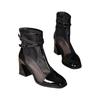 Summer New Women Mesh Boots Breathable Hollow Out Ankle Boots Leather Mid Block Heel Fashion Square Toe Sandal Booties