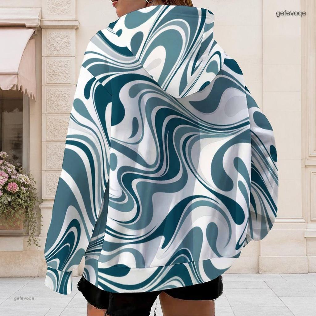 Women Plus Size Zip Up Hoodie Long Sleeve Drawstring Hood Swirl Print Pink Blue Purple With Pockets