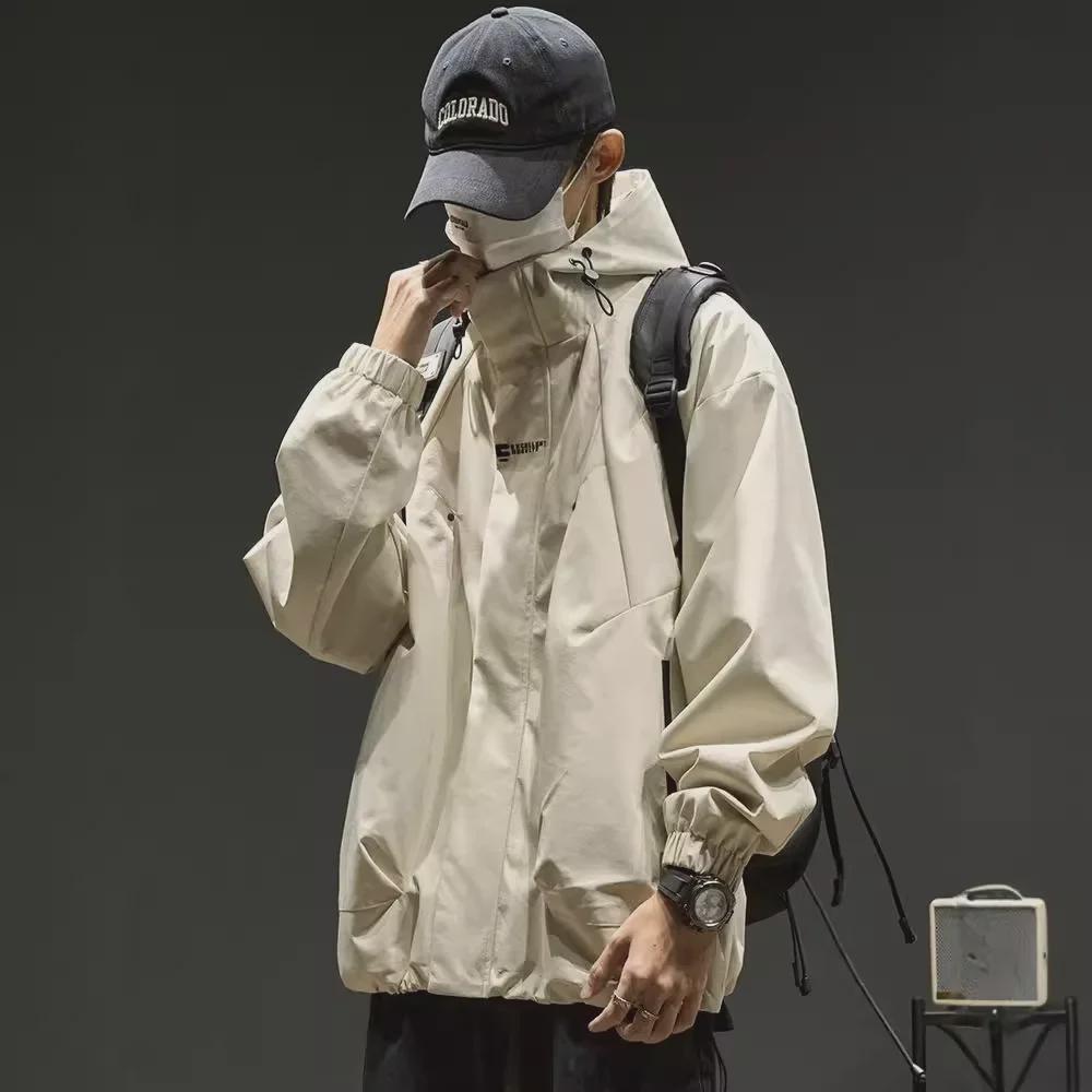 Men's Oversized Retro Solid Color Hooded Jacket - Trendy, Functional, and Unisex
