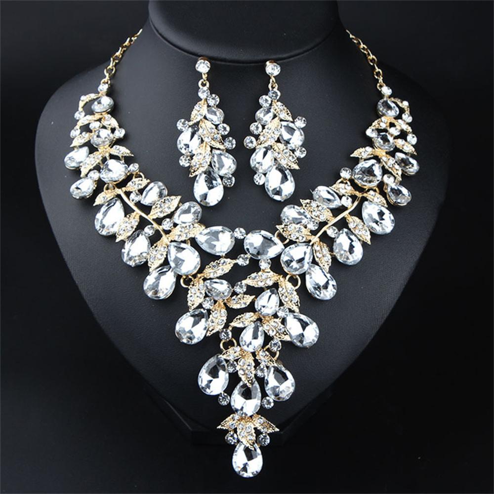 Gorgeous Colorful Crystal Flower Drop Collar Necklace Earring Luxury Wedding Jewelry Set Exaggerated Girl's Bridal Party Gift