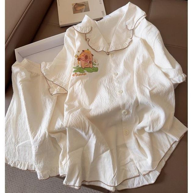 

Japanese cartoon cute lace kapibara pajamas women s new short-sleeved shorts summer loungewear suit outside S [recommendation 35-40kg]