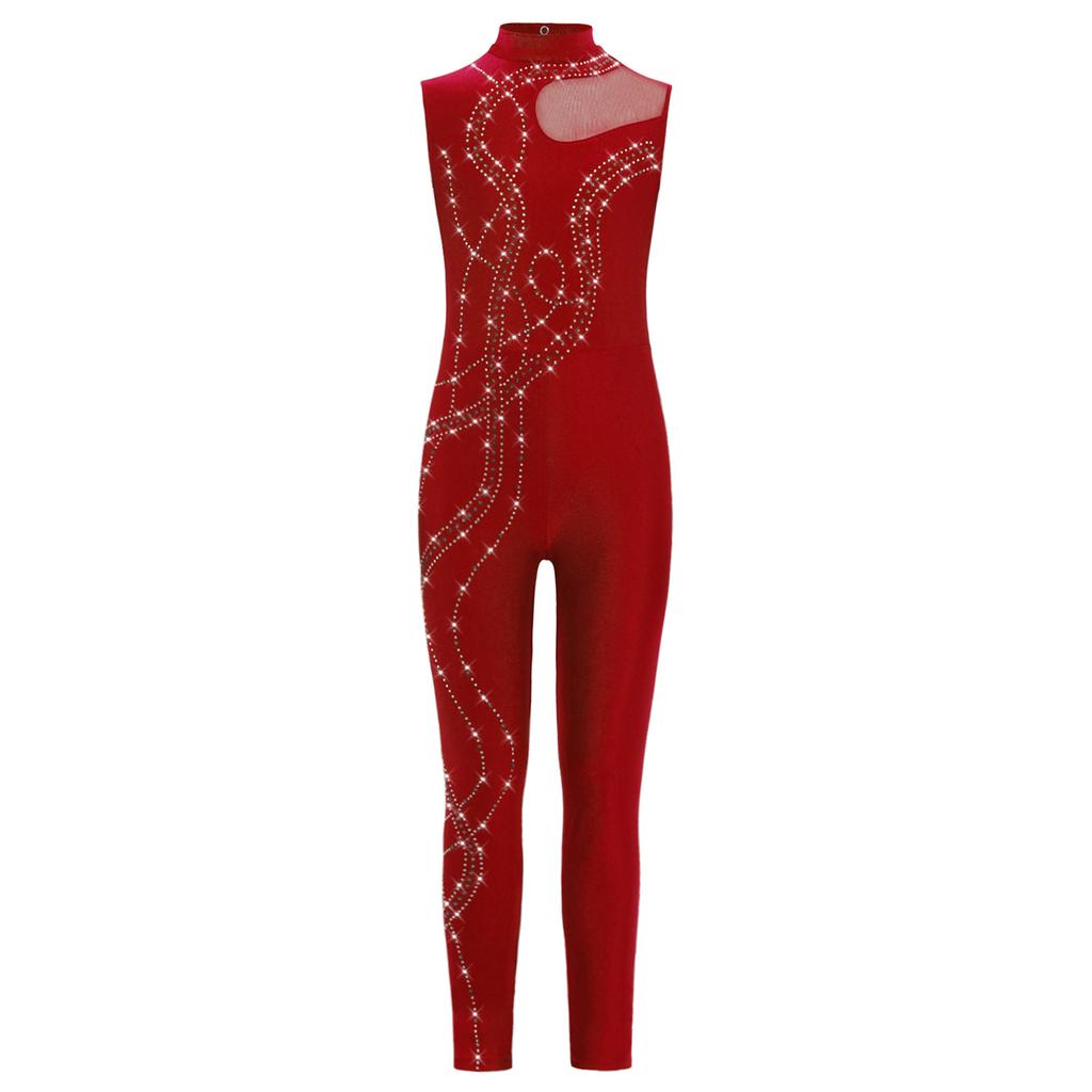 Girls Dance Bodysuit Sparkly Rhinestones Sheer Mesh Patchwork Full Body Performance Wear