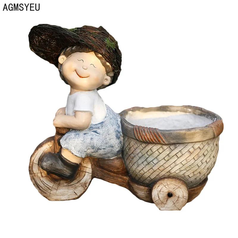 Creative Resin Cartoon Characters Boys and Girls Sculptures with Flower Pots Villa Garden Decor Landscape Home Decor Accessories