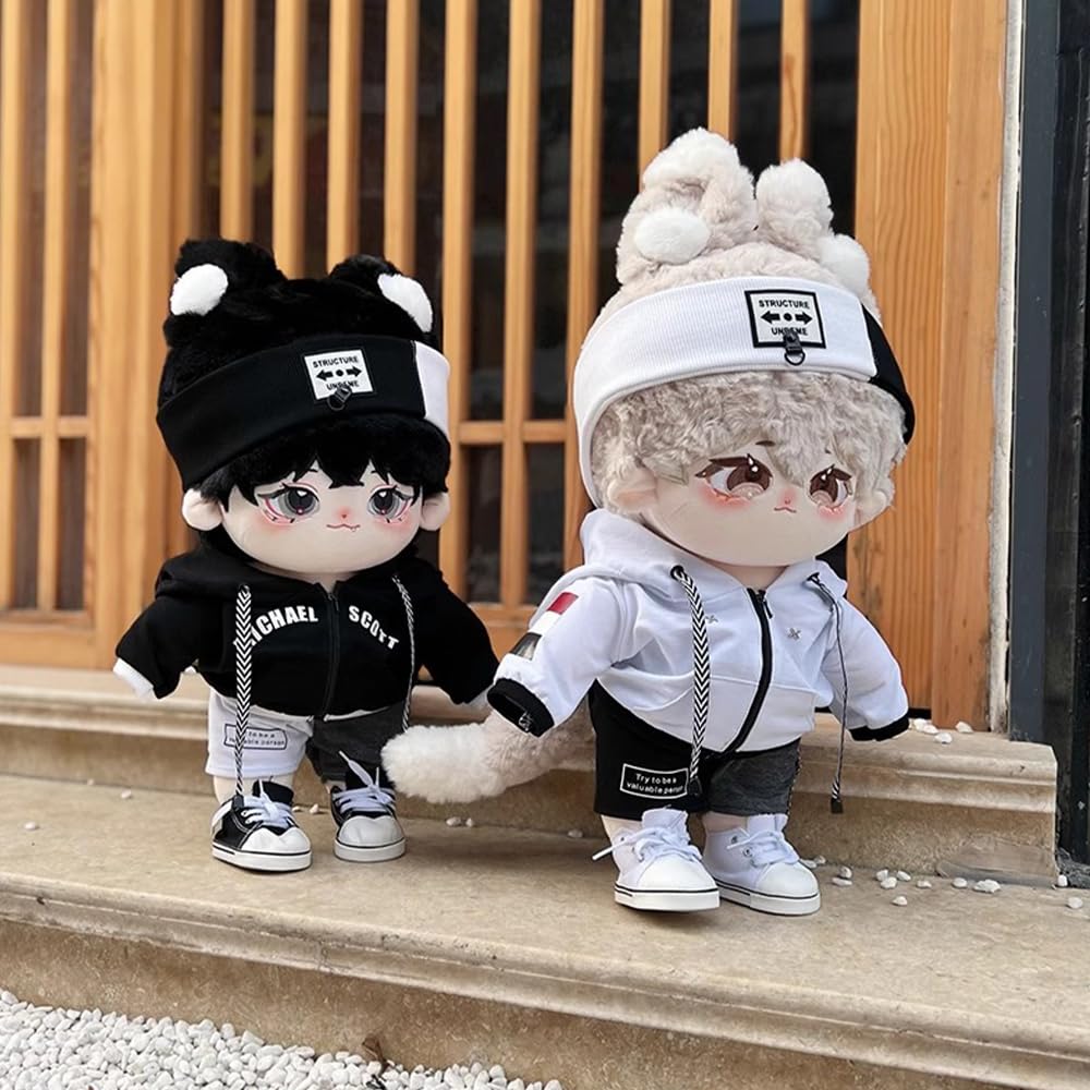 Niannyyhouse 40cm Plush Doll with Loose Colorblock Canvas Cotton Doll Accessories Clothes, Hairband, Hoodie, Shorts, Shoes, Dress-Up (Black)