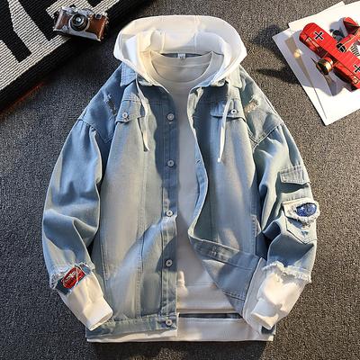 Lässiger Urlaubs-Zweiteiler Denimjacke Herren Knopf Kapuzen-Cardigan Oberteil