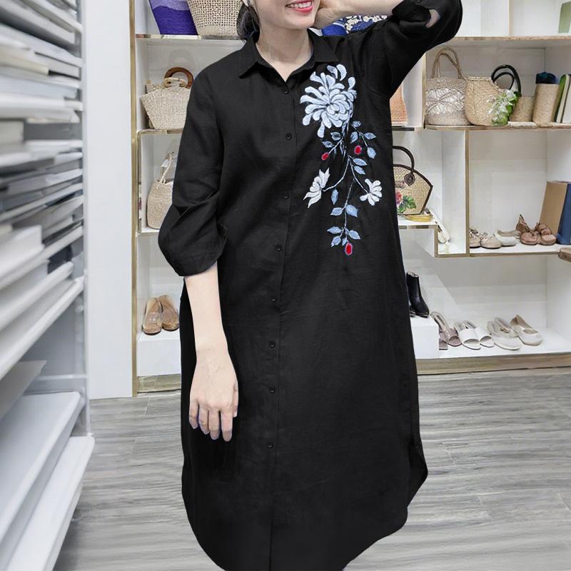ZANZEA Women Casual Turn Down Collar 3/4 Sleeve Loose Embroidered Shirt Dress