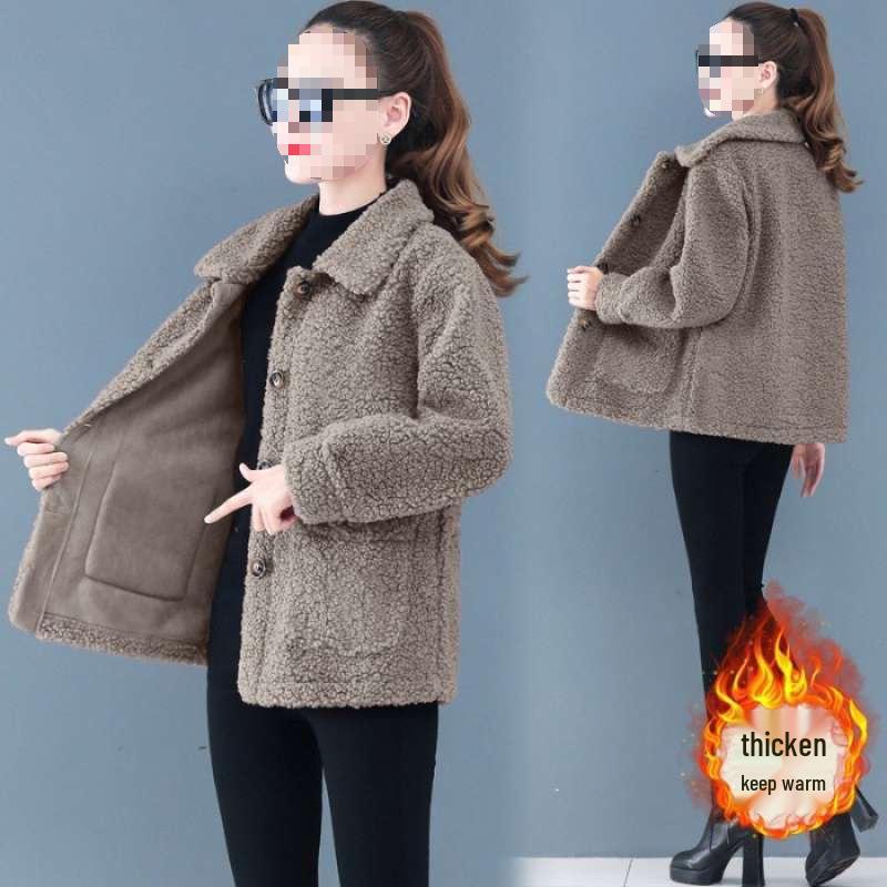 Stylish Faux Lamb Wool Coat for Women Aged 50-60: Warm Particle Velvet Top for Middle-Aged and Elderly Mothers