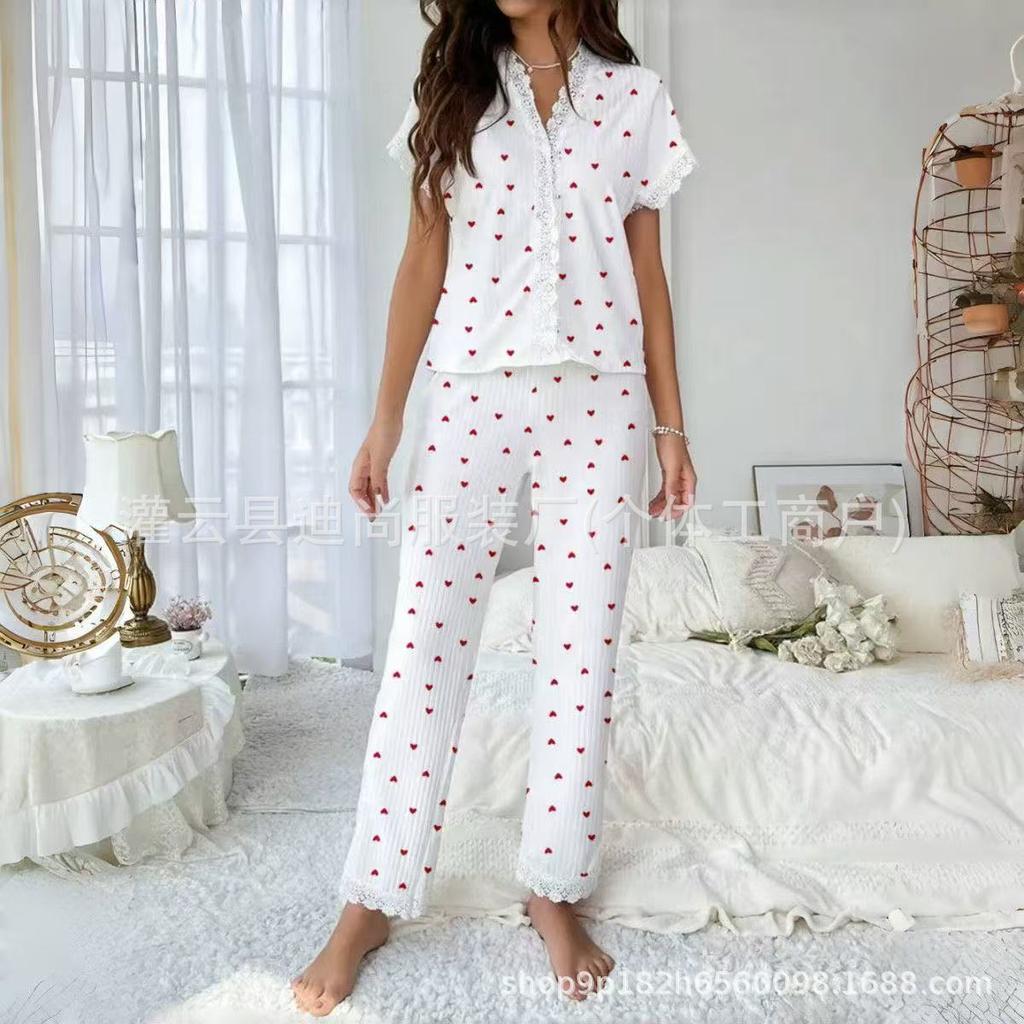 Hot-selling women's loungewear in Europe and America, water-soluble embroidered lace short-sleeved trousers can be worn outside pajamas pajamas
