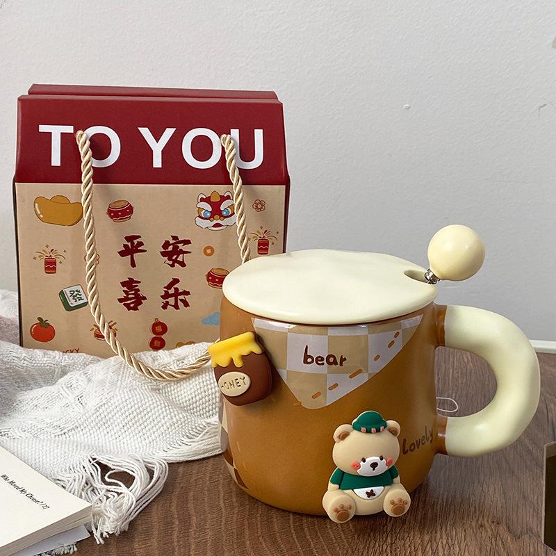 Creative magnetic bear mug cute ceramic mug with lid spoon Korean coffee cup large capacity drinking cup
