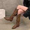 Vintage Brown V-mouth Stack Medium Tube Boots Women's Shoes 2025 Spring and Autumn Winter Pointed Western Cowboy Boots