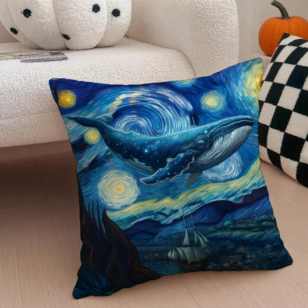 Dreamy Whale Ocean Style Cushion Cover Throw Pillow Cover Hidden Button Durable Polyester Chair Cushion 40x40cm 16x16in