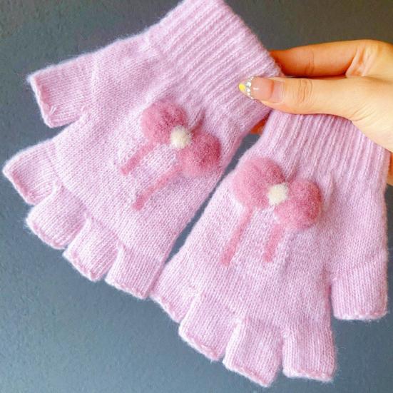 1 Pair Winter Half Finger Gloves for Women Cute Fingerless Mittens with Bow Plush Warm Stretchy Gloves for Women Girls