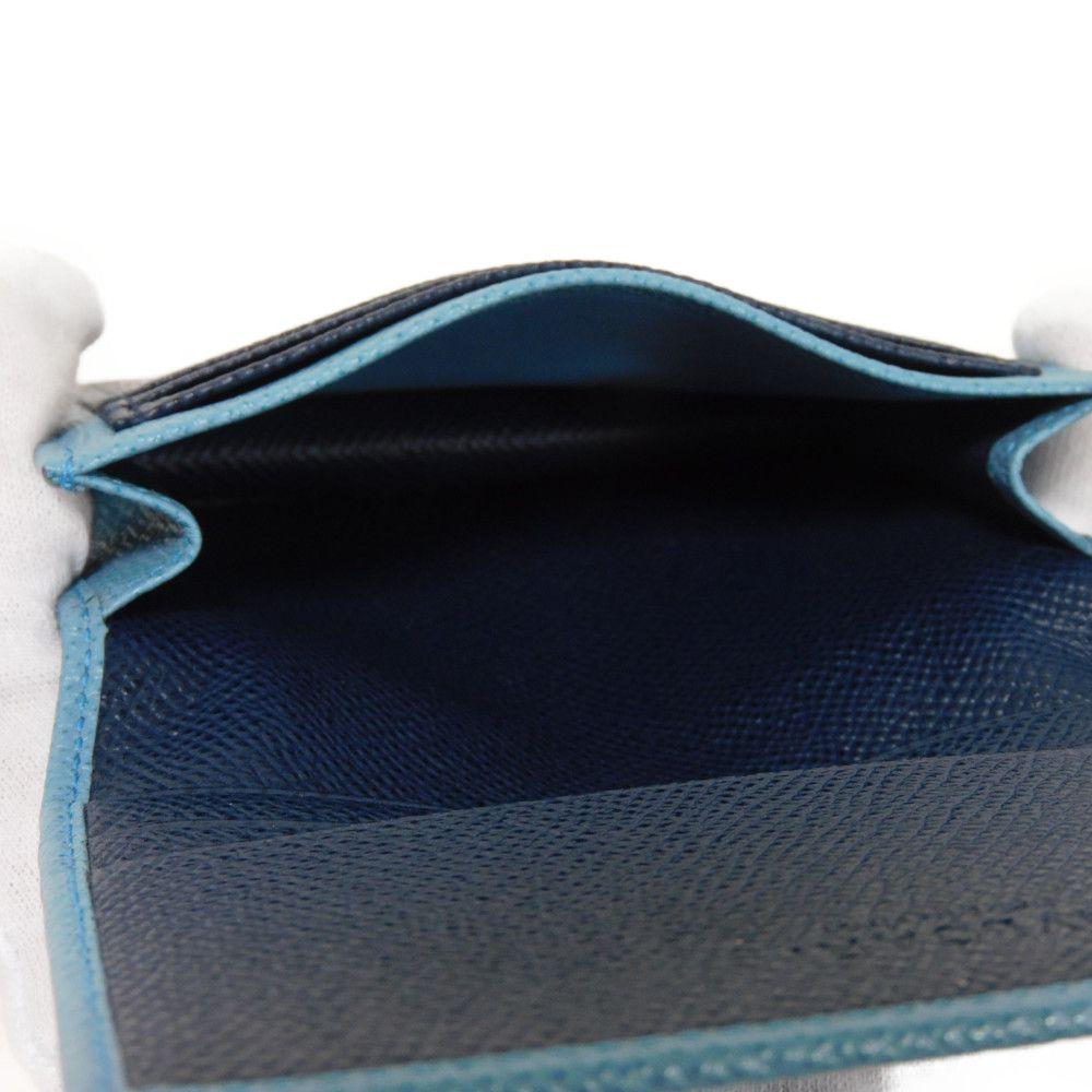 Used Bulgari Man Business Card Holder 7946 Navy Bi-Color Calfskin Bifold RFID Case (11679) Logo Metal Light Blue Men's
