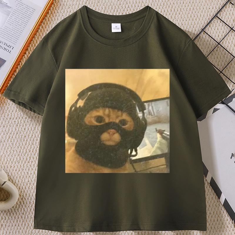 Vintage Funny Gamer Cat T Shirt Tactical Kitty Joke Tee Cool Cat Short Sleeve Round Neck Tshirt Streetwear Loose Clothes Tops