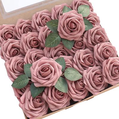 Artificial Flowers 25pcs Real Looking Dusty Rose Foam Fake Roses with Stems for DIY Wedding Bouquets Bridal Shower Centerpieces