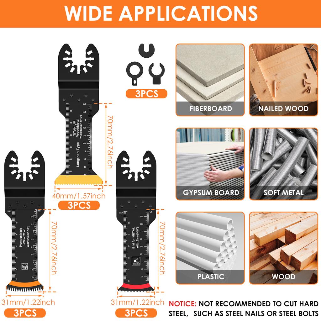9Pcs Oscillating Saw Blades Titanium Bimetal Oscillating Multitool Blade Extra Long Curved Edge Japanese Teeth Multi Tool Blade