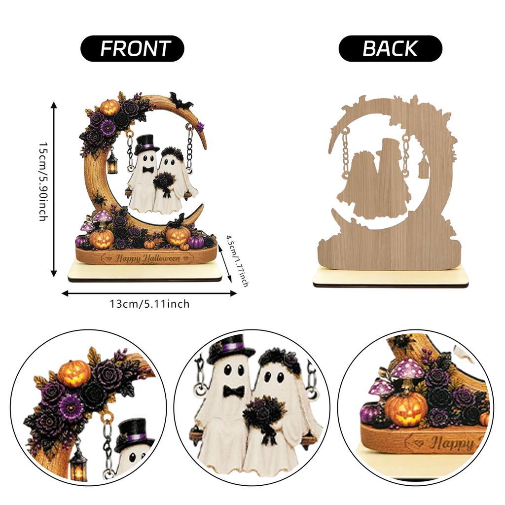 2D Wooden Halloween Decoration - Moon Tree Swing Pumpkin Set with Roses and Cute Couple for Home Décor