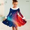 Girls High Neck Long Sleeve Printed A Line Flared Dress Red Blue White Furry Trim Bow Decor