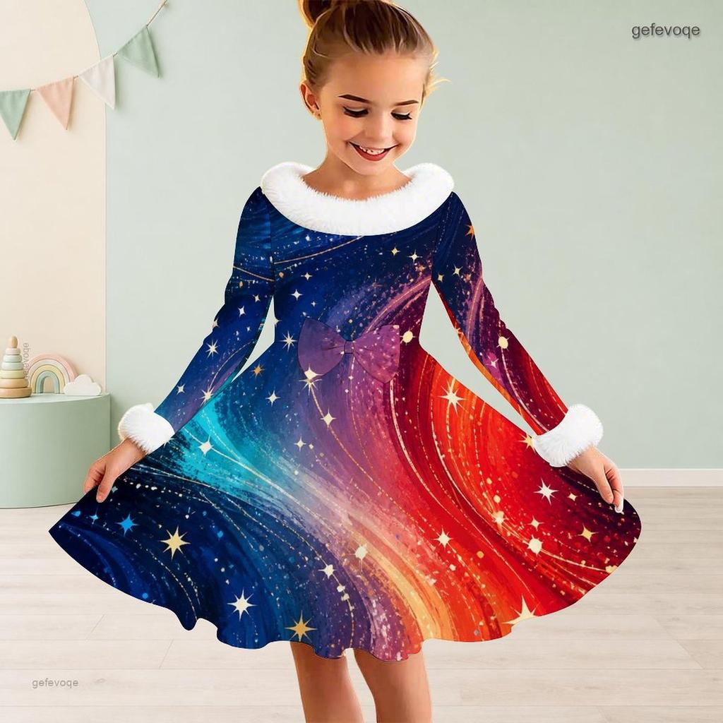 Girls High Neck Long Sleeve Printed A Line Flared Dress Red Blue White Furry Trim Bow Decor